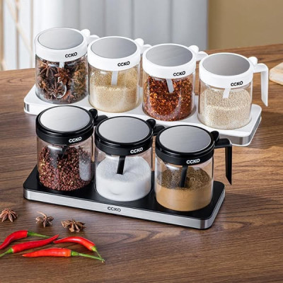 Set 4 hũ đựng gia vị thủy tinh CCKO có tay cầm kèm khay Hàng chính hãng