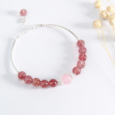 Vòng tay đá thạch anh dâu phối charm ống bạc mệnh hỏa, thổ - Ngọc Quý Gemstones