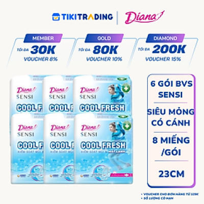 Bộ 6 Gói Băng Vệ Sinh Diana SenSi Cool Fresh Siêu Mỏng Cánh (8 Miếng/Gói)