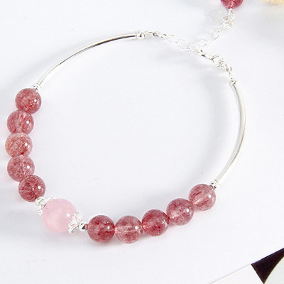 Vòng tay đá thạch anh dâu phối charm ống bạc mệnh hỏa, thổ - Ngọc Quý Gemstones