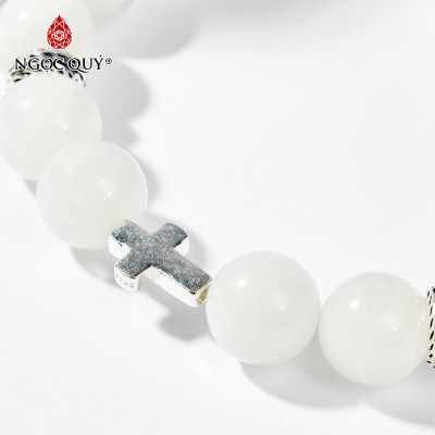 Vòng Tay Nam Xà Cừ Trắng Charm Thánh Giá 10mm Mệnh Thủy, Kim - Ngọc Quý Gemstones