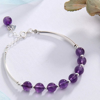 Vòng tay đá thạch anh tím phối charm ống bạc mệnh hỏa, thổ - Ngọc Quý Gemstones