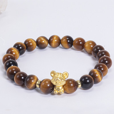 Vòng Tay Phong Thủy Đá Mắt Hổ Vàng Nâu Phối Charm Tuổi Tý Bạc Mạ Vàng 24K (8mm) Mệnh Thổ, Kim Ngọc Quý Gemstones