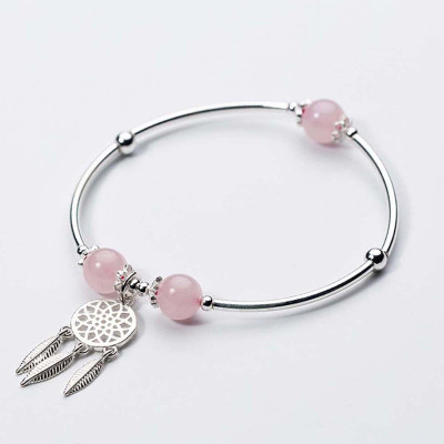 Vòng tay bạc đá thạch anh hồng charm Dreamcatcher mệnh hỏa, thổ - Ngọc Quý Gemstones