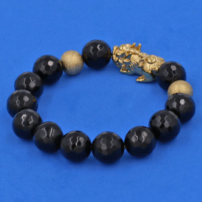 Vòng tay Thạch Anh Đen Cắt Giác 12 ly - cẩn Tỳ Hưu Phong Thủy inox vàng VTAEGTHHBV12 - hợp mệnh Mộc, mệnh Thủy