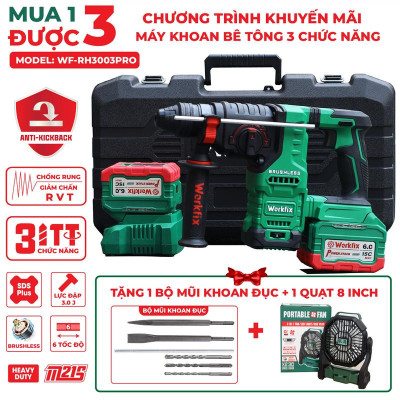 [Tặng Quạt Workfix 8 Inch + 1 Bộ Mũi Khoan Đục Bê Tông] Máy Khoan Đục Bê Tông 3 Chức Năng Dùng Pin 21V Workfix - WF-RH3003PRO - Có Anti-kickback, Giảm Rung RVT - 6 Tốc Độ - Chân Pin Phổ thông 2 Pin 21V/6Ah - Động Cơ Từ Lõi Đồng