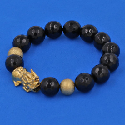 Vòng tay Thạch Anh Đen Cắt Giác 12 ly - cẩn Tỳ Hưu Phong Thủy inox vàng VTAEGTHHBV12 - hợp mệnh Mộc, mệnh Thủy