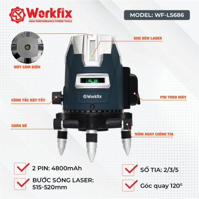 Máy Cân Bằng Laser 5 Tia Xanh Workfix WF-LS686 - Đế Bi NSK - 2 Pin 4800mAh - Đèn Led Siêu Sáng - Bảo Hành Chính Hãg 6 Tháng