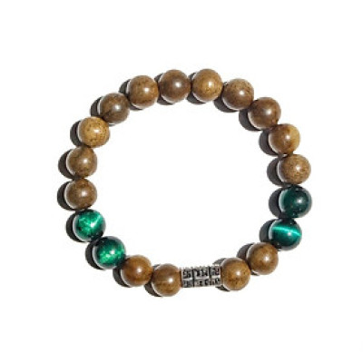 Vòng tay trầm hương mix đá mắt hổ xanh lá charm trụ chữ phạn cao cấp chính hãng 2VTH074 udumbara