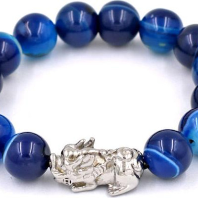 Chuỗi đeo tay thạch anh xanh dương sọc 12 ly - cẩn Tỳ Hưu inox VTAXDSTHT12 - kèm hộp nhung - hợp mệnh Mộc, mệnh Thủy