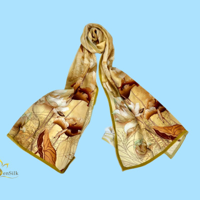 100% Silk Print Scarf - Khăn Lụa Tơ Tằm in White Lotus - Quà Tặng Cao Cấp SenSilk KLDI03 180x55cm