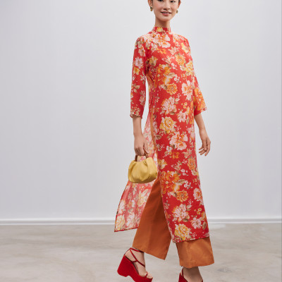 Áo Dài Raglan Linen Hoa Mẫu Đơn thời trang thiết kế Hity ADA014