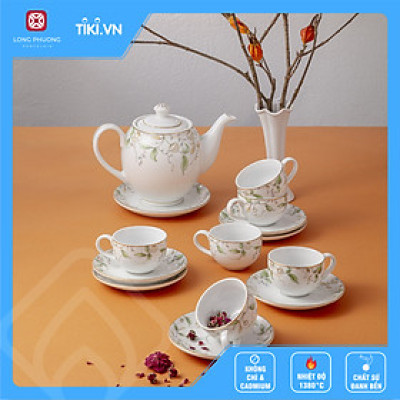 Bộ ấm trà phình thon hoa 014 họa tiết hoa Ngọc Diệp