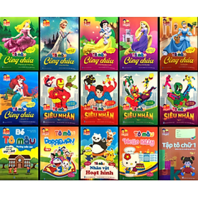 15 cuốn tô màu cho trẻ - Tô màu công chúa dễ thương - tô màu nhân vật hoạt hình - Tô màu siêu nhân - Tô chữ