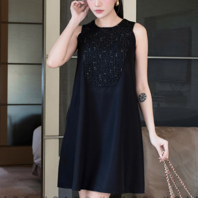 Đầm đen phối tweed NGADO , đầm nữ ngắn , đầm thời trang , đầm dự tiệc