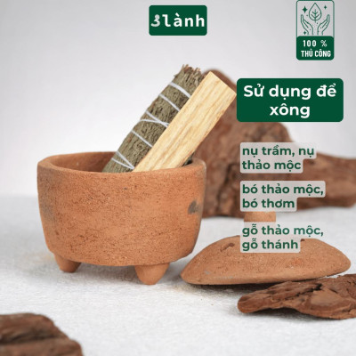 Lư Xông Thủ Công Chăm Bằng Đất Sét 3 Lành - Dùng Đốt Nụ Trầm, Nụ Thảo Mộc, Bó Xông, Gỗ Thánh - Phong Cách Thuần Việt