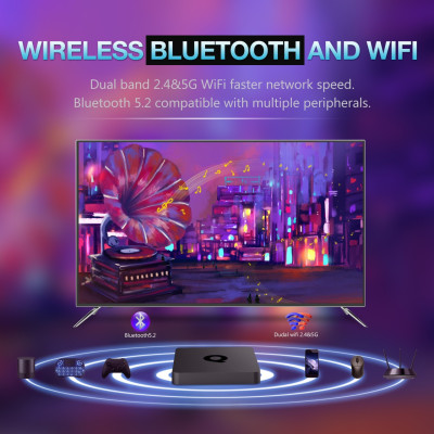 Android Tivi Box Q1 Qixi  - Ram 2G - Android TV 10 - Dual Wifi - Bluetooth - Netflix - Remote Tìm Kiếm Bằng Giọng Nói - Hàng Nhập Khẩu
