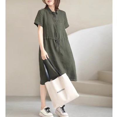 Đầm sơ mi nữ form suông ngắn tay, Đầm đũi nữ cổ sơ mi kèm dây thắt eo màu rêu Da75