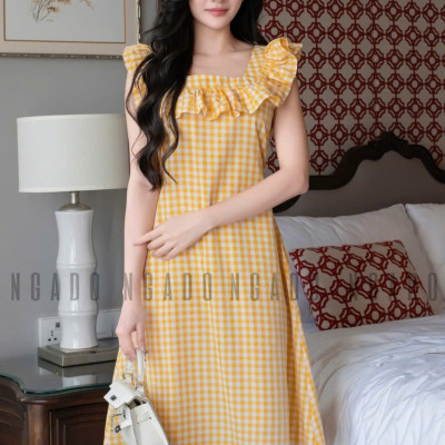 Đầm caro vàng phối cổ nhún NGADO , đầm caro , đầm kẻ ,  đầm dạo phố