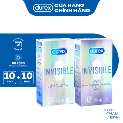 BỘ 1 HỘP BAO CAO SU siêu mỏng thêm bôi trơn DUREX INVISIBLE LUBRICATED và 1 HỘP DUREX INVISIBLE EXTRA THIN EXTRA SENSITIVE (52 mm, 10 bao/hộp)