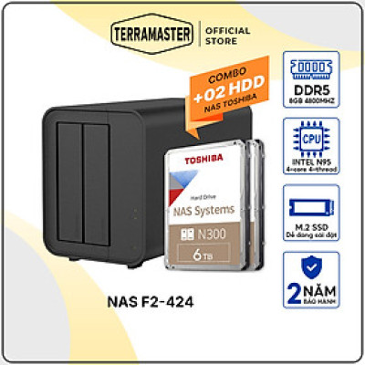 Combo Thiết bị lưu trữ NASTerraMaster F2-424 kèm 1 ổ cứng Toshiba NAS N300 24/7 Hàng chính hãng