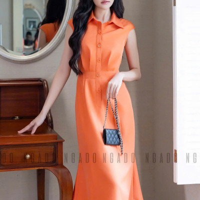Đầm cam eo xếp ly NGADO , đầm thiết kế , đầm công sở , dạo phố