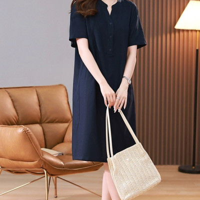 Đầm công sở cổ tàu phối nút, ngắn tay Hàn Quốc nữ trẻ trung, chất liệu Linen mềm mịn cao cấp Haint Boutique