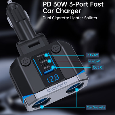 Tẩu sạc Choetech TC0020  đa năng mở rộng có 2 cổng Type C + 1 cổng Usb công suất 200w (Hàng chính hãng)