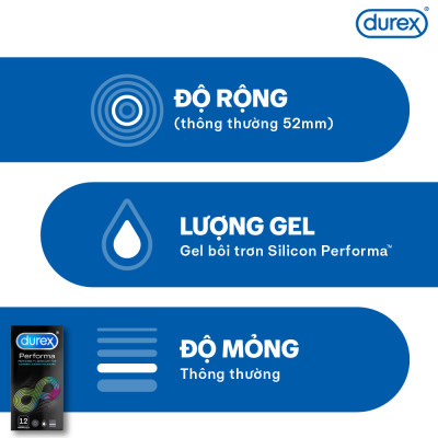 Bộ bao cao su Durex Performa kéo dài thời gian size 52mm, 1 hộp 12 bao và 1 hộp 3 bao