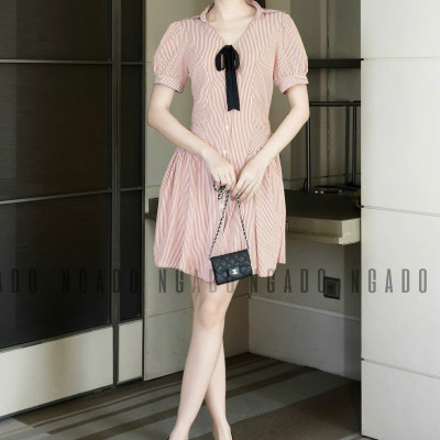 Đầm sọc cam đính nơ NGADO , đầm kiểu Nữ , đầm kẻ sọc