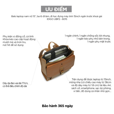 Balo Da Nam Nữ Đựng Laptop Thời Trang Ngăn Trước Khoá Gài IDIGO UBP2 - 6015, Balo Công Sở Cao Cấp