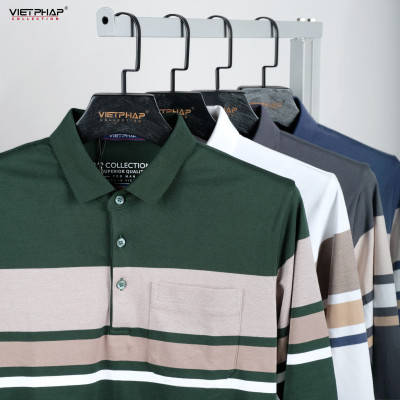 Áo Polo Nam VIỆT PHÁP Form Luxury - Thun 4 Chiều Sọc Túi Dài Tay, lịch lãm, sang trọng 23002