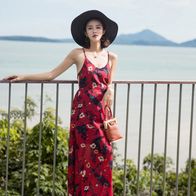 Váy maxi 2 dây lưng trần sexy, họa tiết trang nhã, thích hợp đi biển, dạ hội, sự kiện