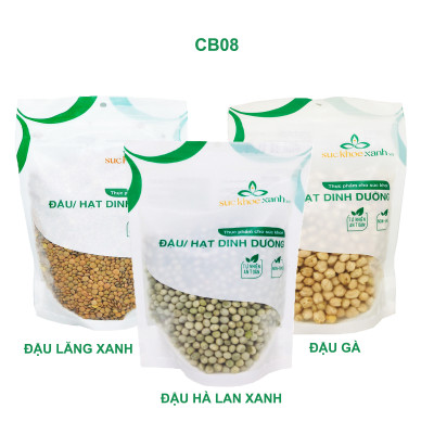 COMBO08 - 1 Túi Đậu Gà trắng, 1 Túi Đậu Lăng xanh và 1 Túi Đậu Hà lan xanh nguyên hạt, Mỗi túi 500g, Nhập khẩu từ Canada
