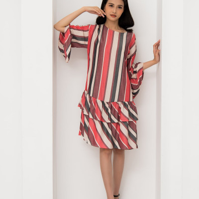 Đầm Lụa Xòe Midi Tay Loe Nhún Bèo 2 Tầng Maxivic, La Mộc - LM52101