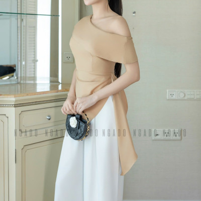 Set áo quần nude trắng lệch vai NGADO , set áo quần dài