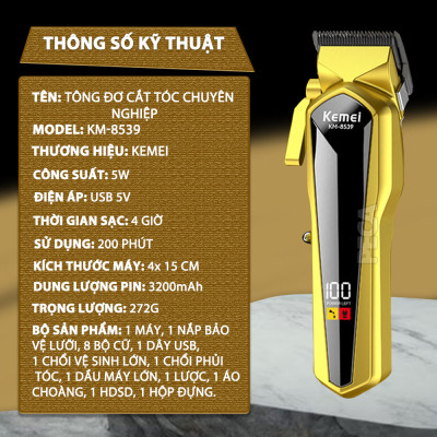 Tông đơ cắt tóc chuyên nghiệp Kemei KM-8539 lưỡi cắt mạ carbon công suất 5W tặng kèm áo choàng cắt tóc - Hàng chính hãng