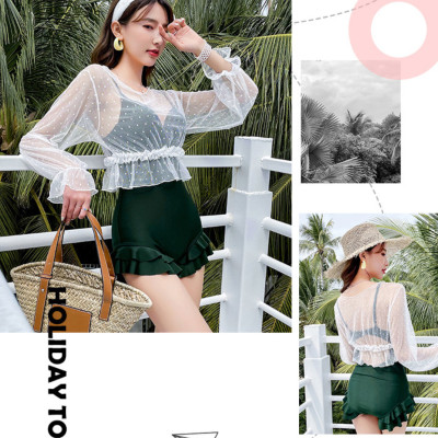 Bộ đồ bơi bikini nữ 1 mảnh đi tắm biển kèm áo croptop ren trắng chấm bi tiểu thư hot trend 2021- B05