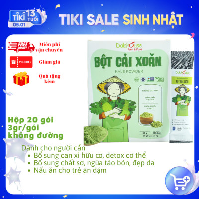 Bột cải xoăn hữu cơ sấy lạnh Dalahouse - Hộp 20 gói 3gr tiện lợi - Đào thải độc tố, chống ô xy hóa, bổ sung can xi hữu cơ cho cơ thể