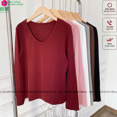 Áo phông nữ dài tay cổ tim Hiền Trần BOUTIQUE chất cotton dẻo cao cấp co giãn áo thun nữ tay dài thu đông A8