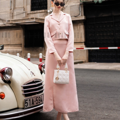 Set vest hồng dài tay NGADO , set đồ nữ , set đồ nữ thiết kế , sang trọng , dự tiệc , Set áo kèm chân váy