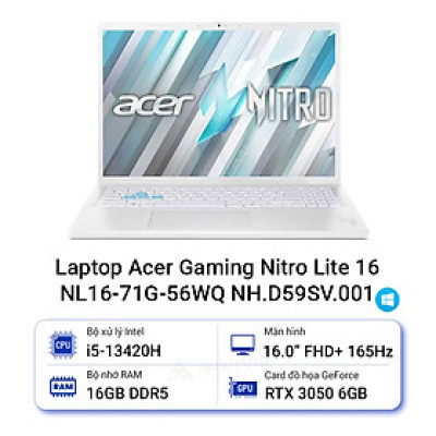 Laptop Acer Gaming Nitro Lite 16 NL16-71G-56WQ (Intel Core i5-13420H | RTX3050 | 16 inch FHD+ | 16GB | 512GB | Win 11 Home | Trắng) - HÀNG CHÍNH HÃNG