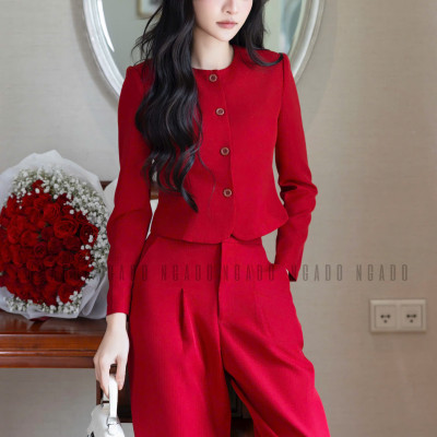 Set áo quần đỏ đô cổ tròn NGADO , set áo quần dài , set công sở , dạo phố