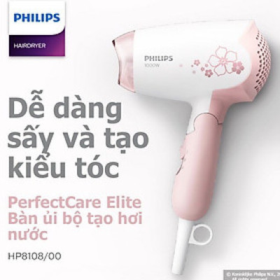 Máy sấy tóc mini gấp gọn Philips HP8108, công suất 1000W, an toàn bảo vệ tóc, bảo hành 2 năm|Hàng Chính Hãng