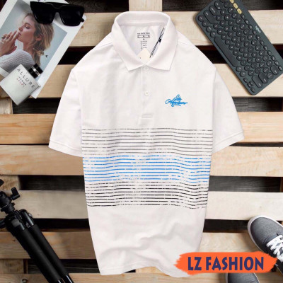 ÁO THUN NAM TAY NGẮN CỔ BẺ PHỐI SỌC NGANG, LOGO THÊU, TAY BO - LZPS151