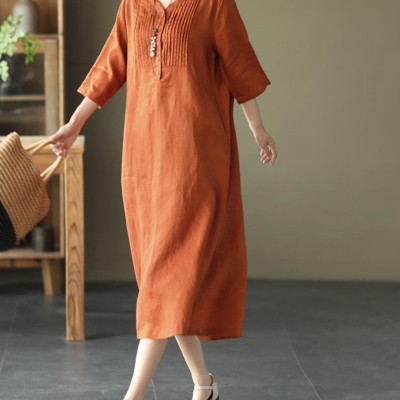 Đầm linen cổ V tay lỡ, form suông dài rộng, style Hàn Quốc trẻ trung NH190 cam