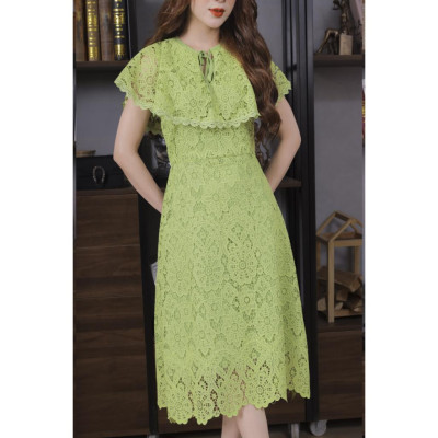 Váy Ren Bèo Cổ Màu Xanh Cốm 23V004 Cao Cấp Pi Style