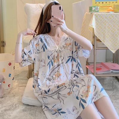 Váy/đầm nữ cộc tay cổ V phối ren vải lanh thoáng mát, dáng suông dài nhiều họa tiết freesize 45 - 65 kg