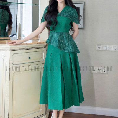 Set áo váy xanh lá tay phối nơ NGADO , đầm dự tiệc , đầm thiết kế