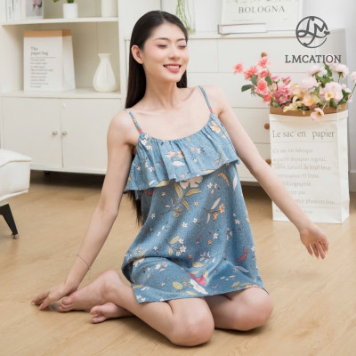 Đầm 2 dây tencel phối bèo LMcation Autumn - hoa lá xanh